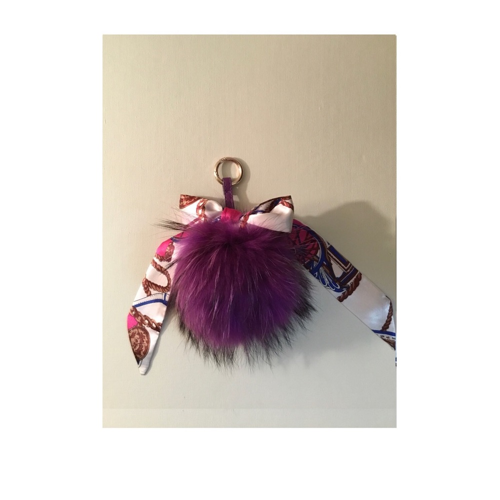 Bag charm with natural fur pompom and silk twilly